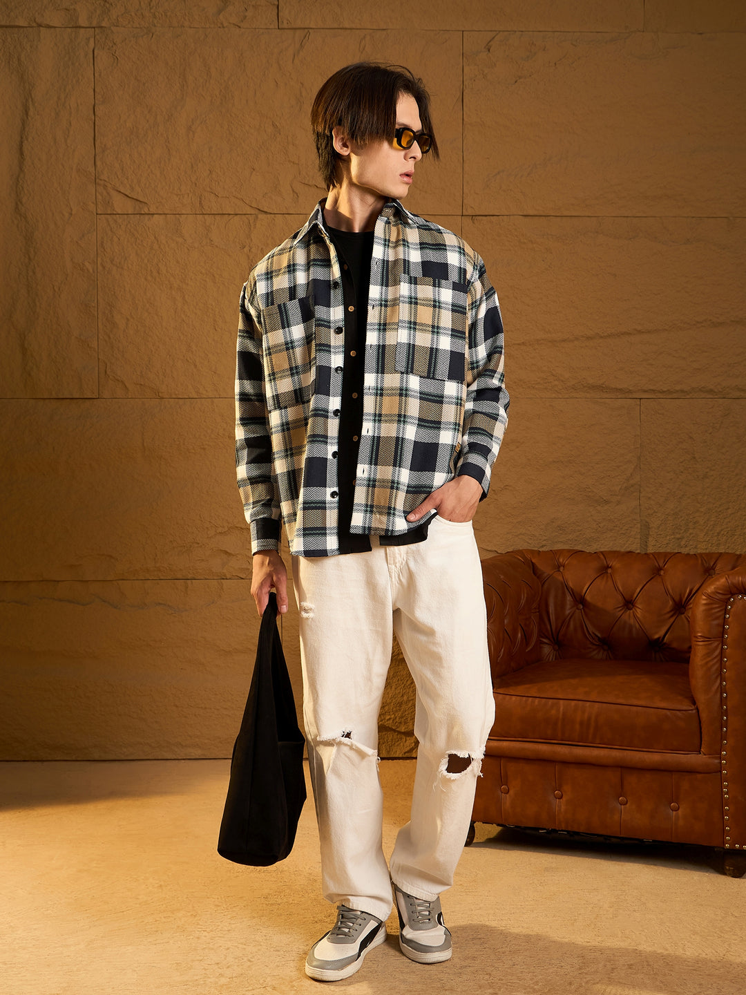 Double Pocket Drop Shoulder Oversized Cotton Checked Shacket