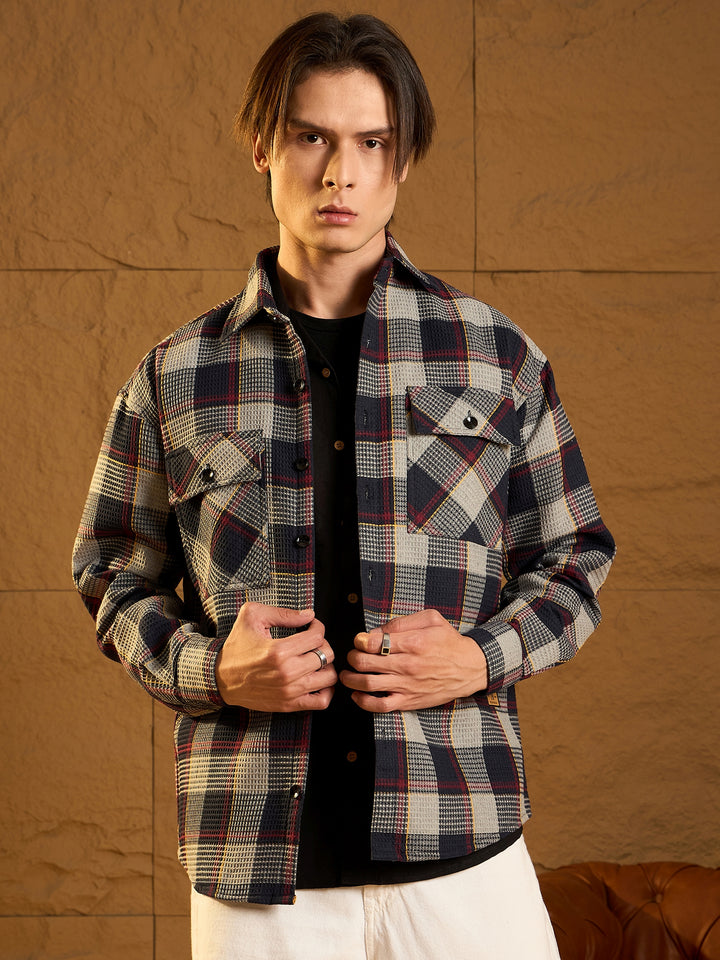 Double Pocket Drop Shoulder Oversized Cotton Checked Shacket