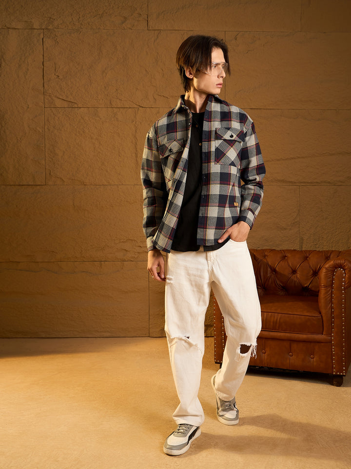 Double Pocket Drop Shoulder Oversized Cotton Checked Shacket