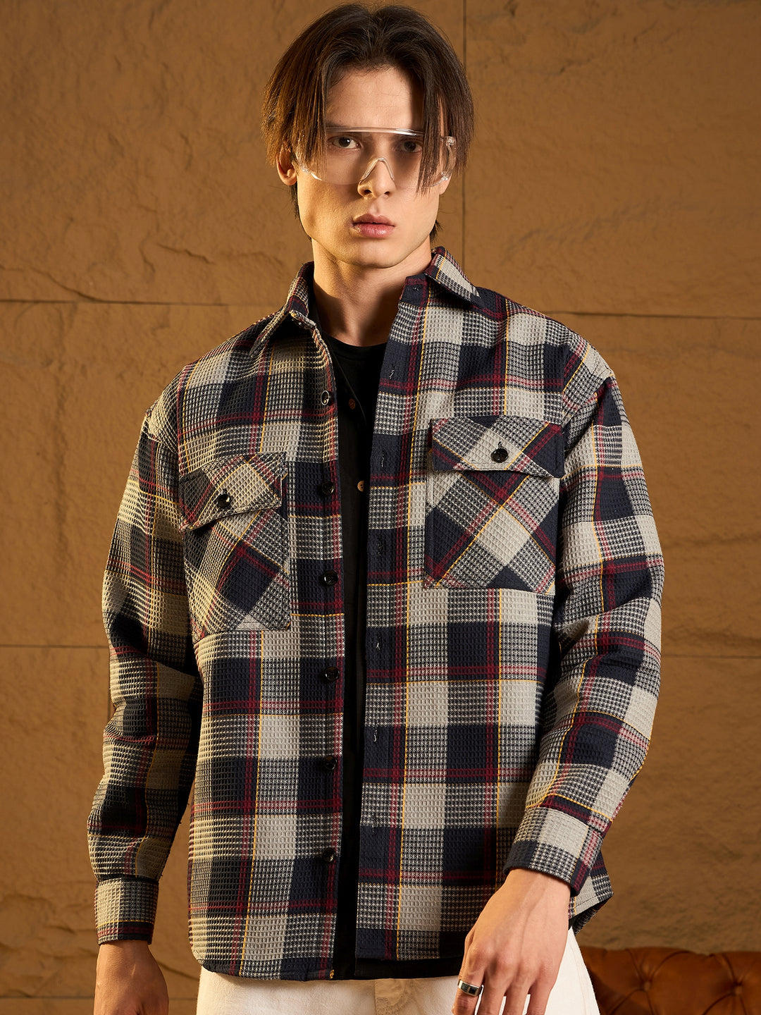 Double Pocket Drop Shoulder Oversized Cotton Checked Shacket