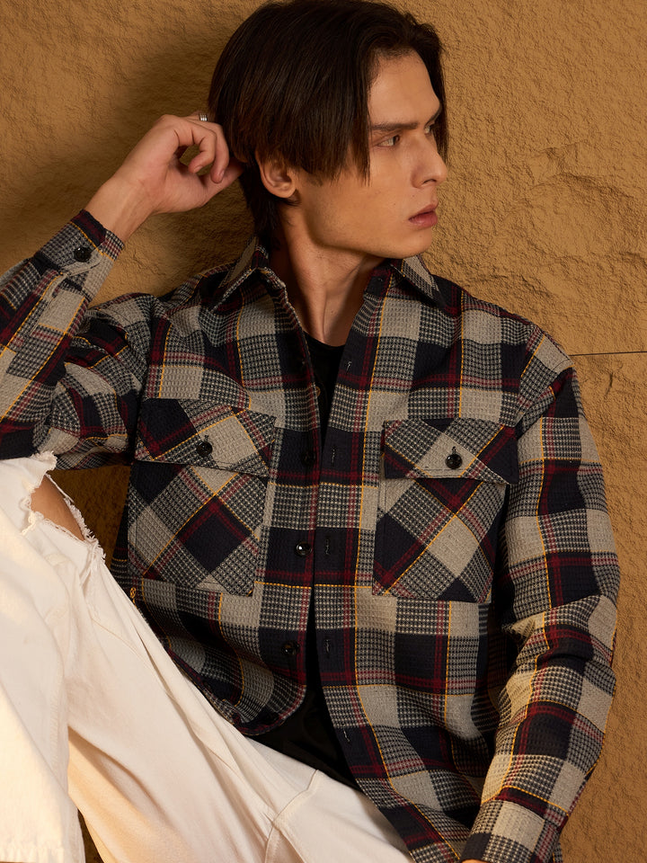 Double Pocket Drop Shoulder Oversized Cotton Checked Shacket