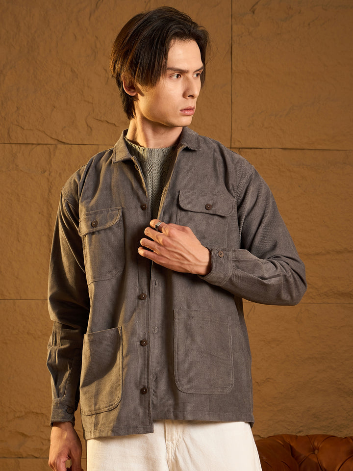 Light Grey Corduroy Oversized Shacket