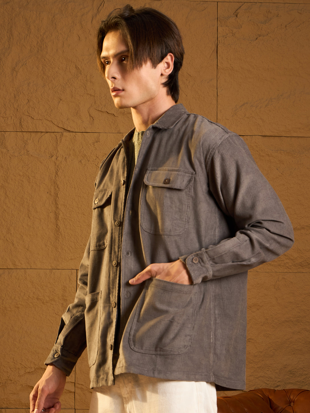 Light Grey Corduroy Oversized Shacket