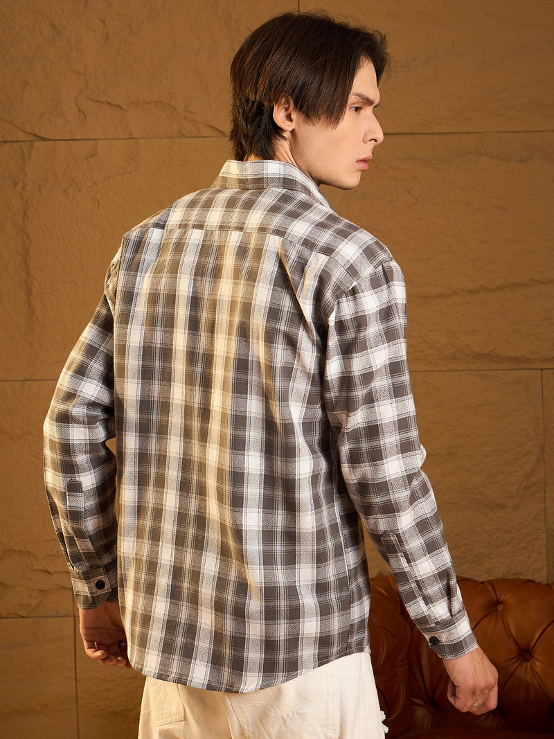 Double Pocket Drop Shoulder Oversized Cotton Checked Shacket