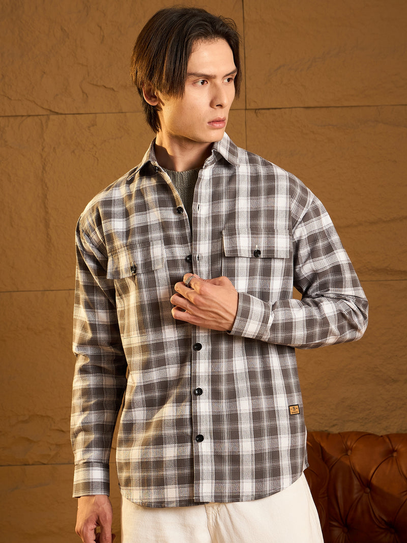 Double Pocket Drop Shoulder Oversized Cotton Checked Shacket