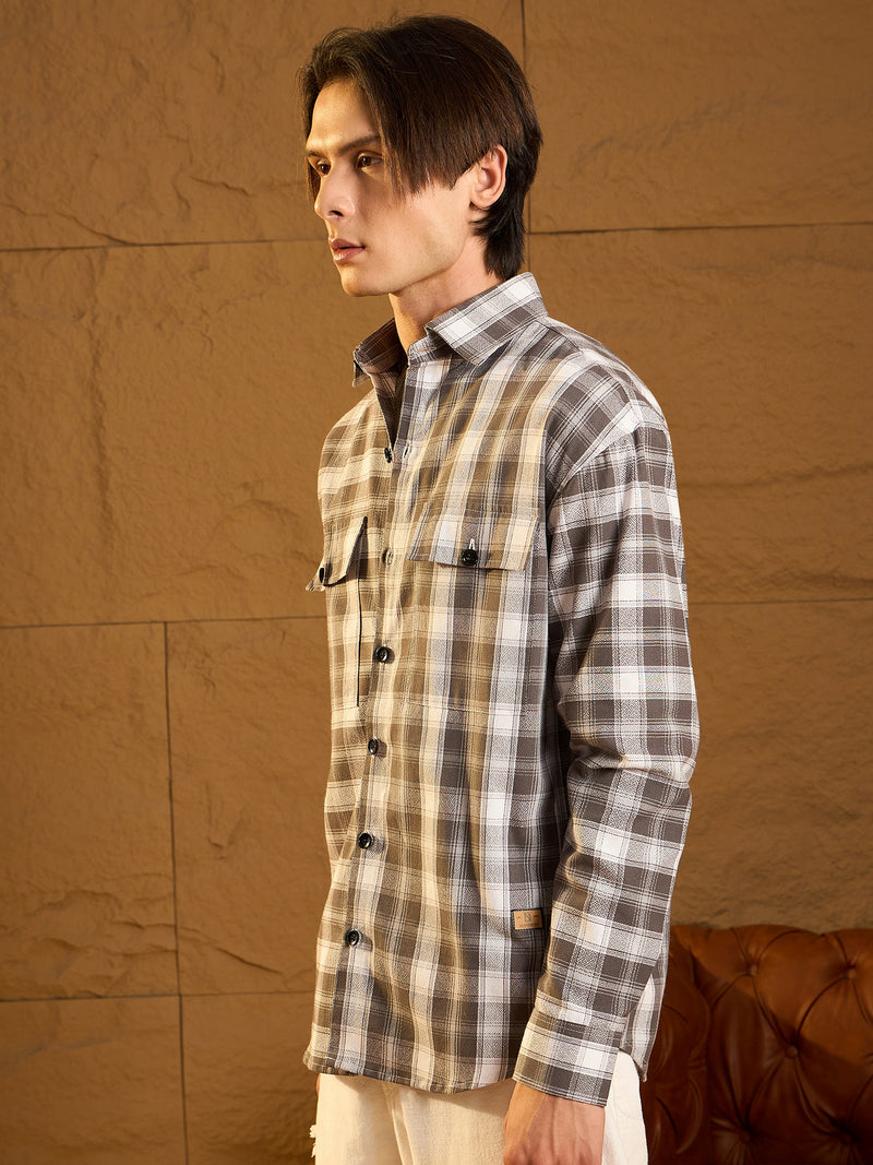 Double Pocket Drop Shoulder Oversized Cotton Checked Shacket