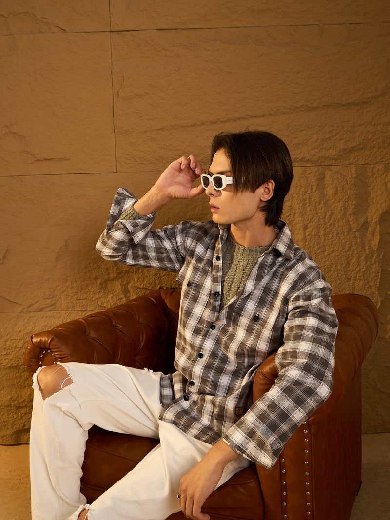 Double Pocket Drop Shoulder Oversized Cotton Checked Shacket