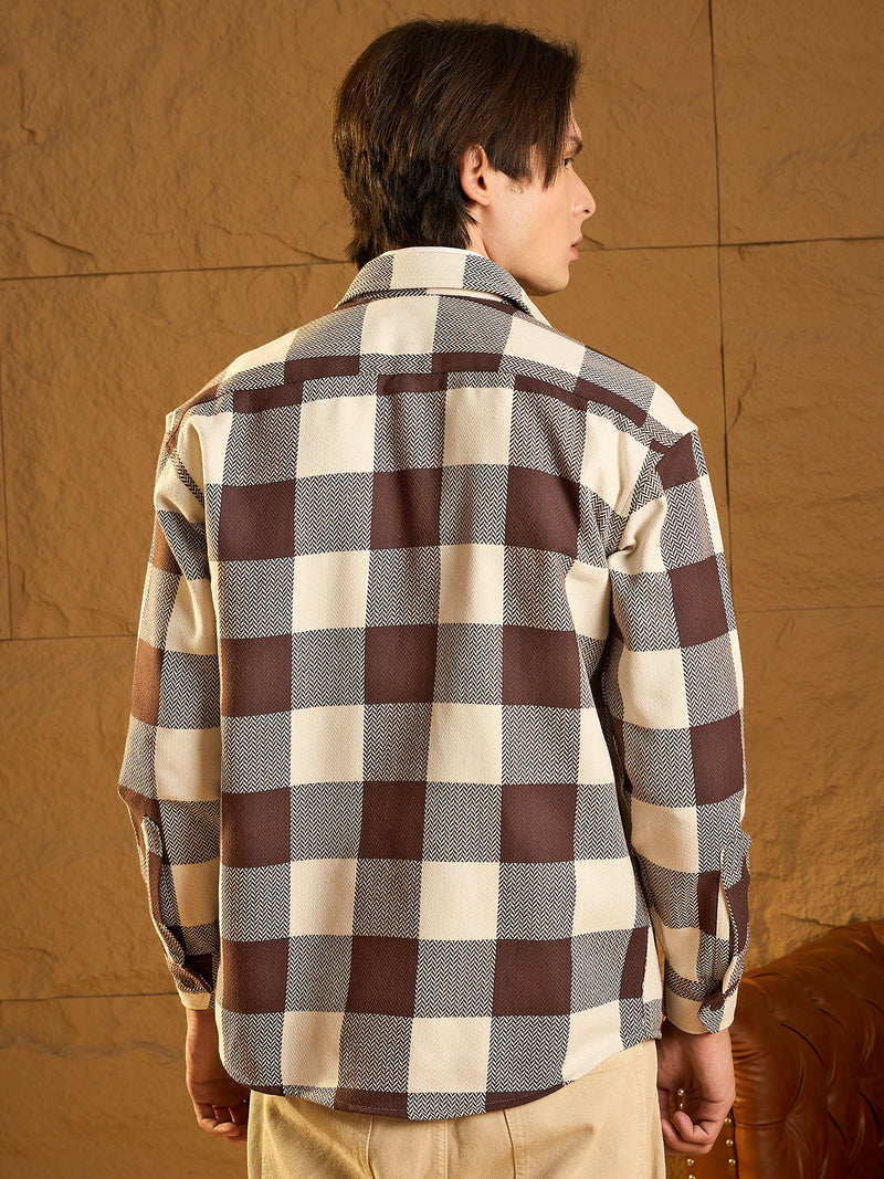 Double Pocket Drop Shoulder Oversized Cotton Checked Shacket