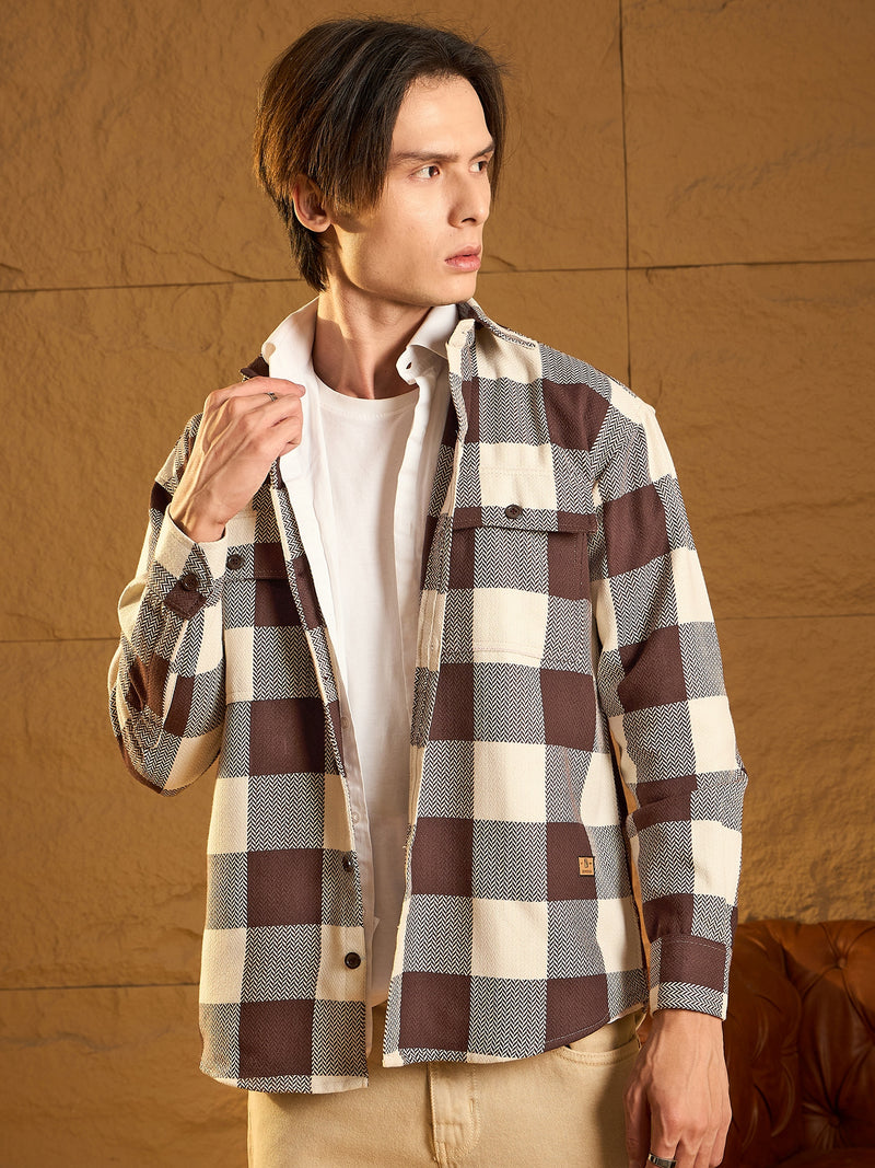 Double Pocket Drop Shoulder Oversized Cotton Checked Shacket