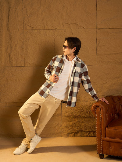 Double Pocket Drop Shoulder Oversized Cotton Checked Shacket