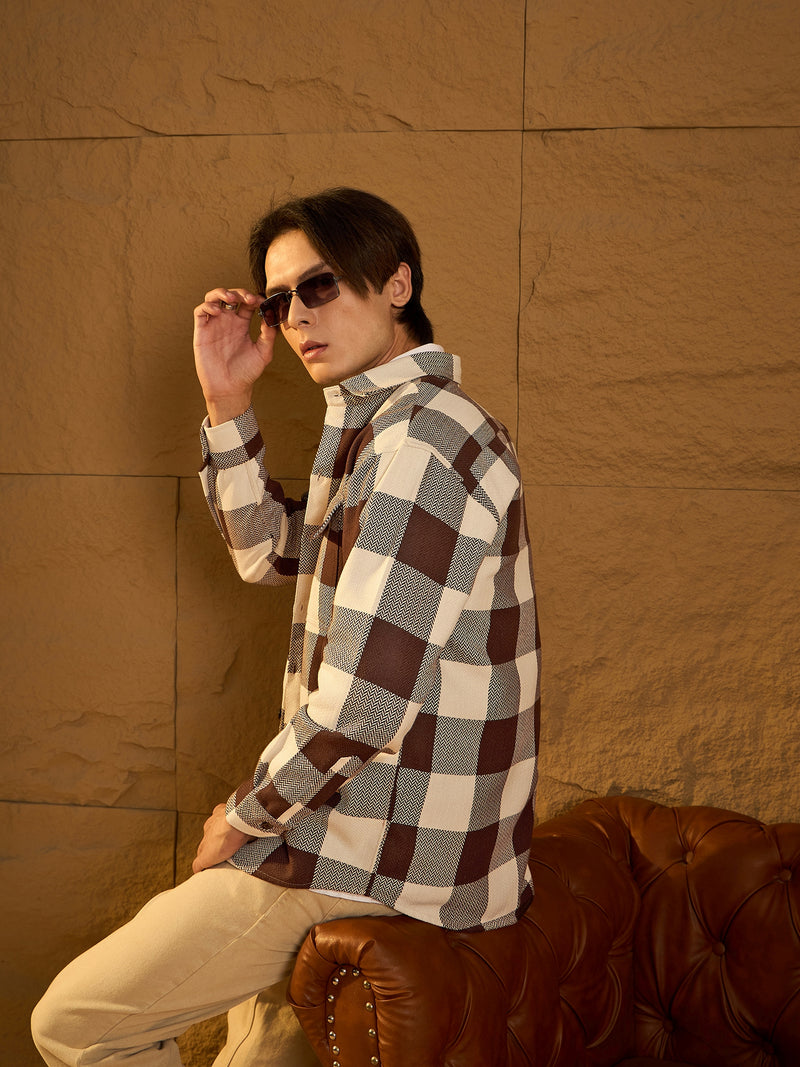Double Pocket Drop Shoulder Oversized Cotton Checked Shacket