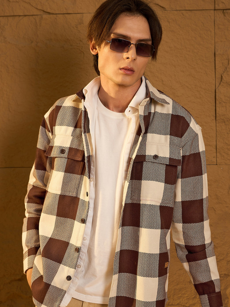 Double Pocket Drop Shoulder Oversized Cotton Checked Shacket