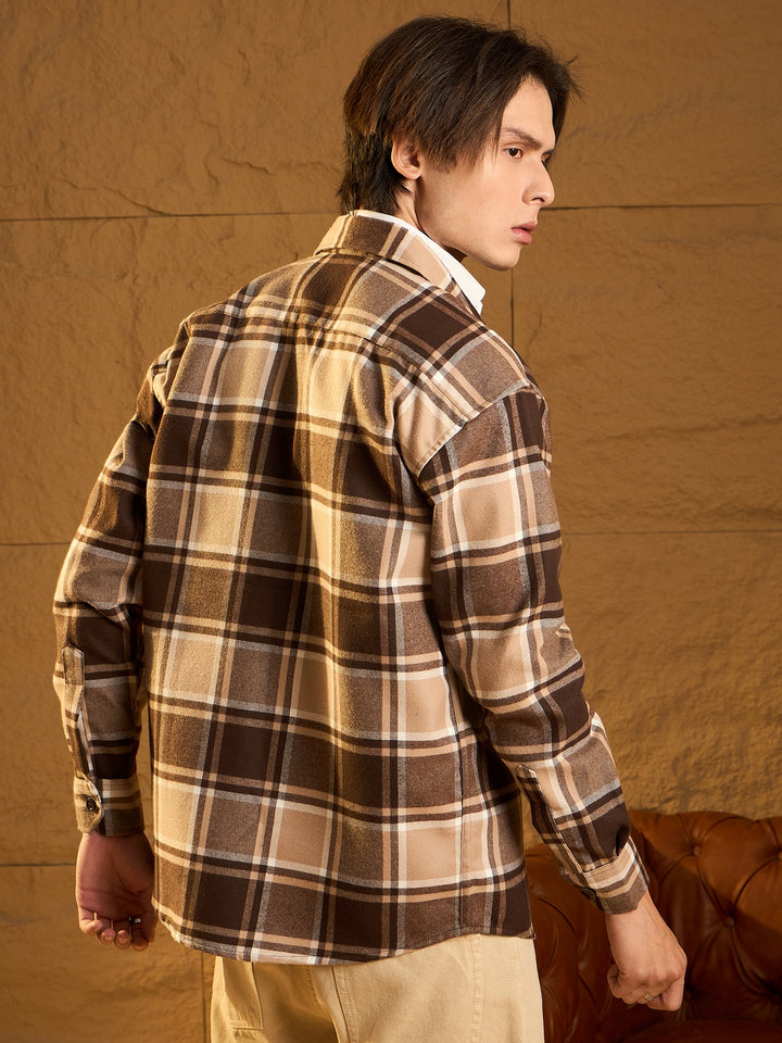 Double Pocket Drop Shoulder Oversized Cotton Checked Shacket