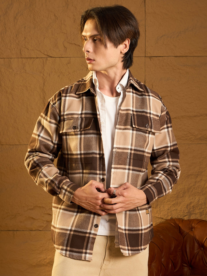 Double Pocket Drop Shoulder Oversized Cotton Checked Shacket