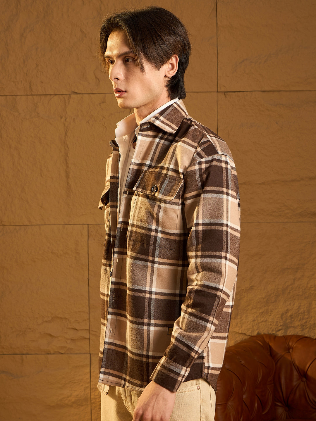 Double Pocket Drop Shoulder Oversized Cotton Checked Shacket