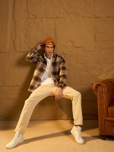 Brown & beige checked shacket front view