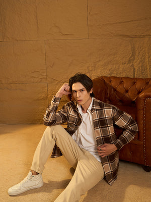 Brown & beige checked shacket front view
