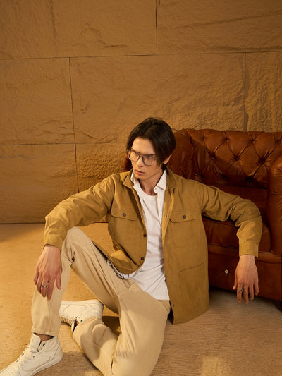 Light khaki corduroy oversized shacket front view