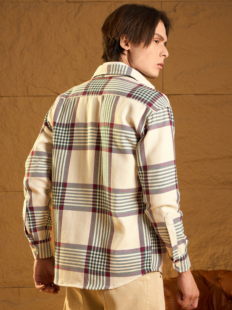 Off White & Green: Checked Oversized Cotton Shacket