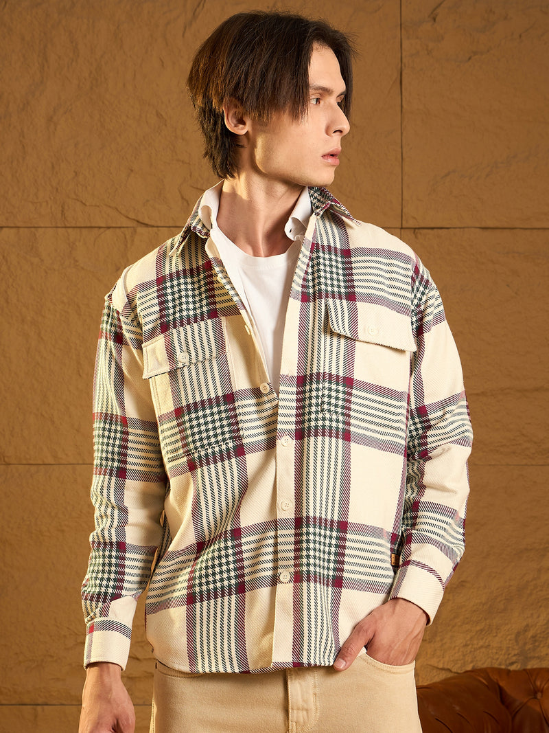 Off White & Green: Checked Oversized Cotton Shacket