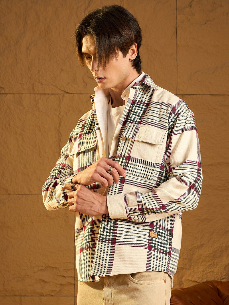 Off White & Green: Checked Oversized Cotton Shacket