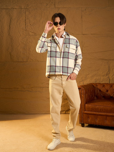 Off White & Green: Checked Oversized Cotton Shacket