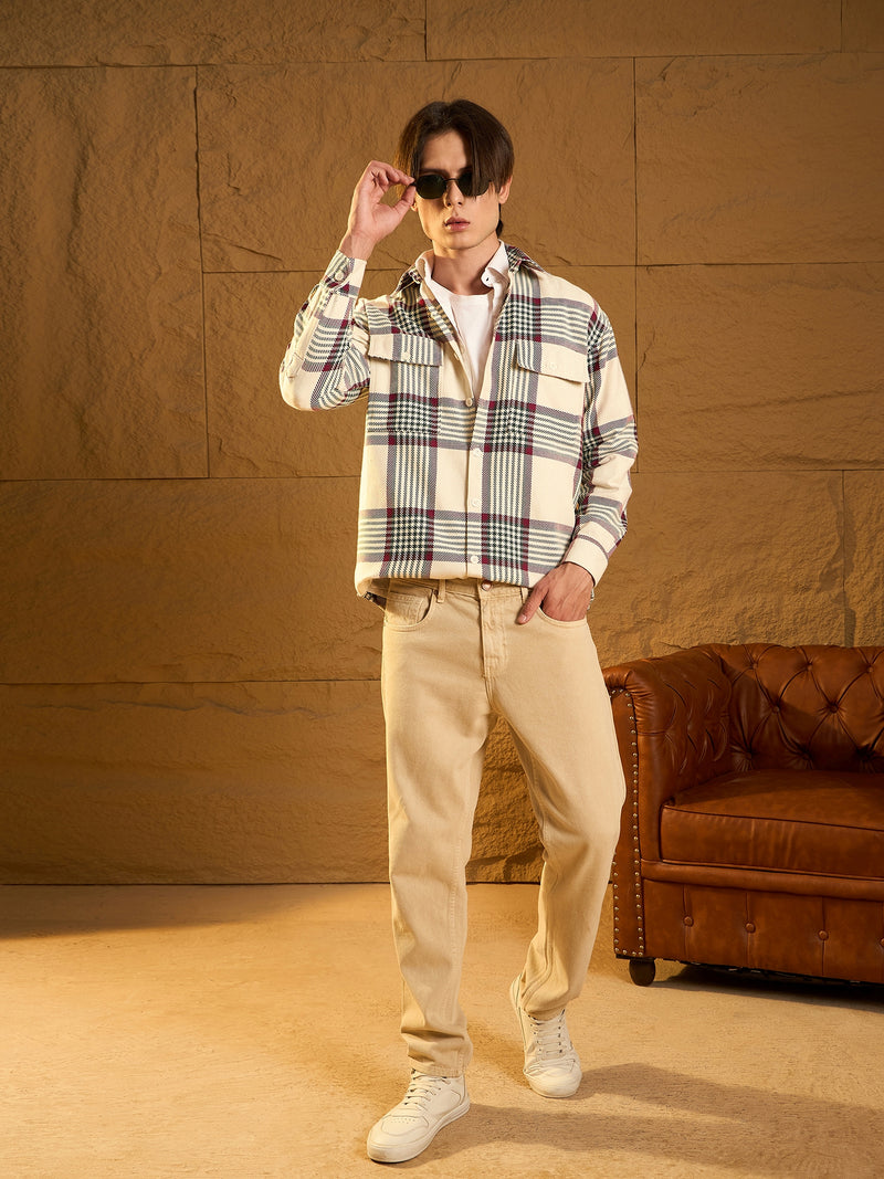 Off White & Green: Checked Oversized Cotton Shacket
