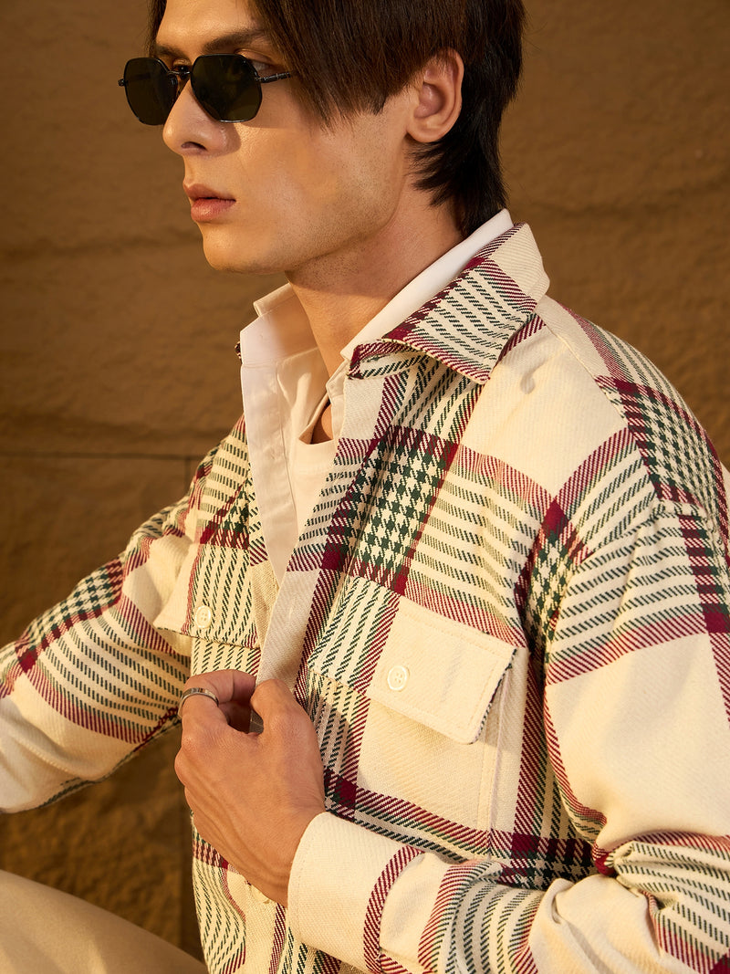 Off White & Green: Checked Oversized Cotton Shacket