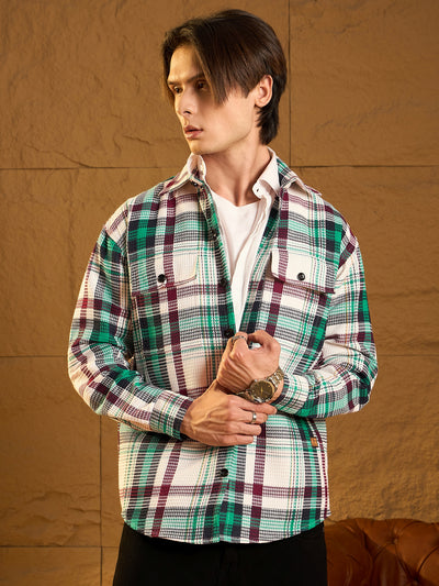 White & green oversized cotton checked shacket front view