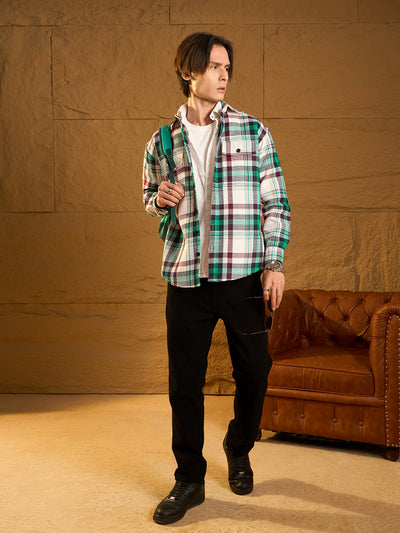 White & Green: Oversized Cotton Checked Shacket