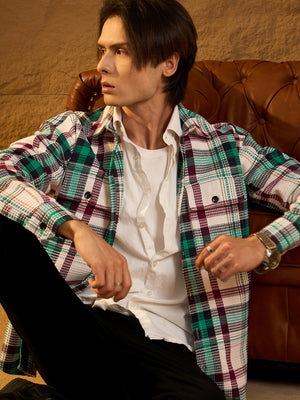 White & Green: Oversized Cotton Checked Shacket