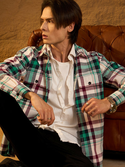 White & Green: Oversized Cotton Checked Shacket