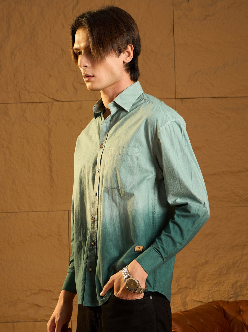 Green: Full Sleeves Oversized Ombre Shirt