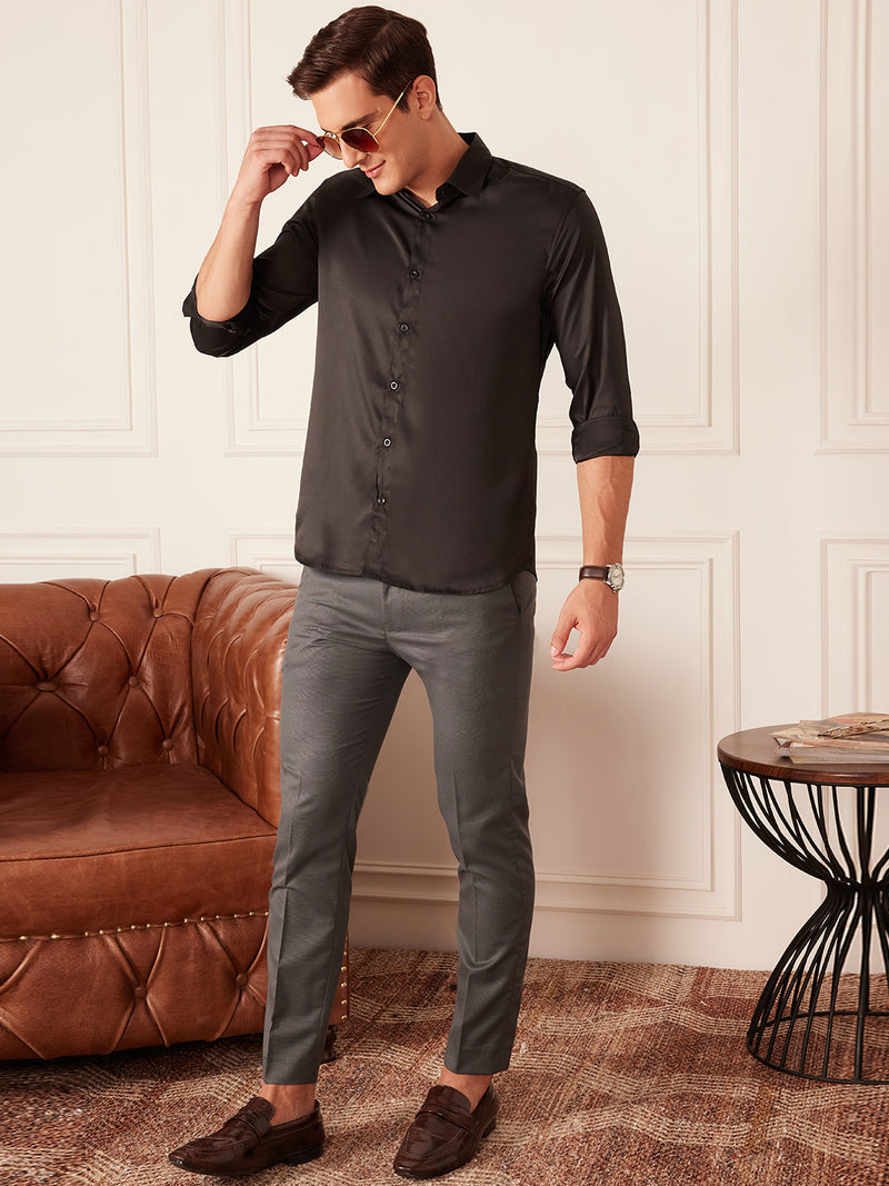 Black: Full Sleeves Satin Party Shirt