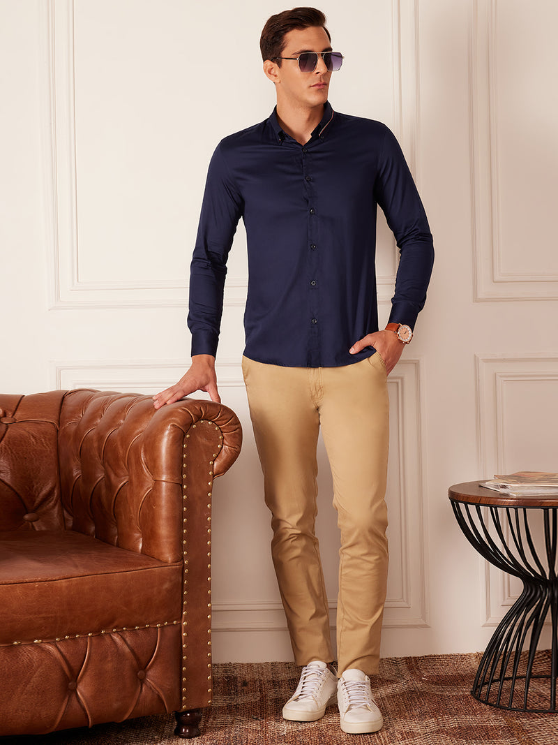 Navy Blue: Full Sleeves Tape On Collar Formal Shirt