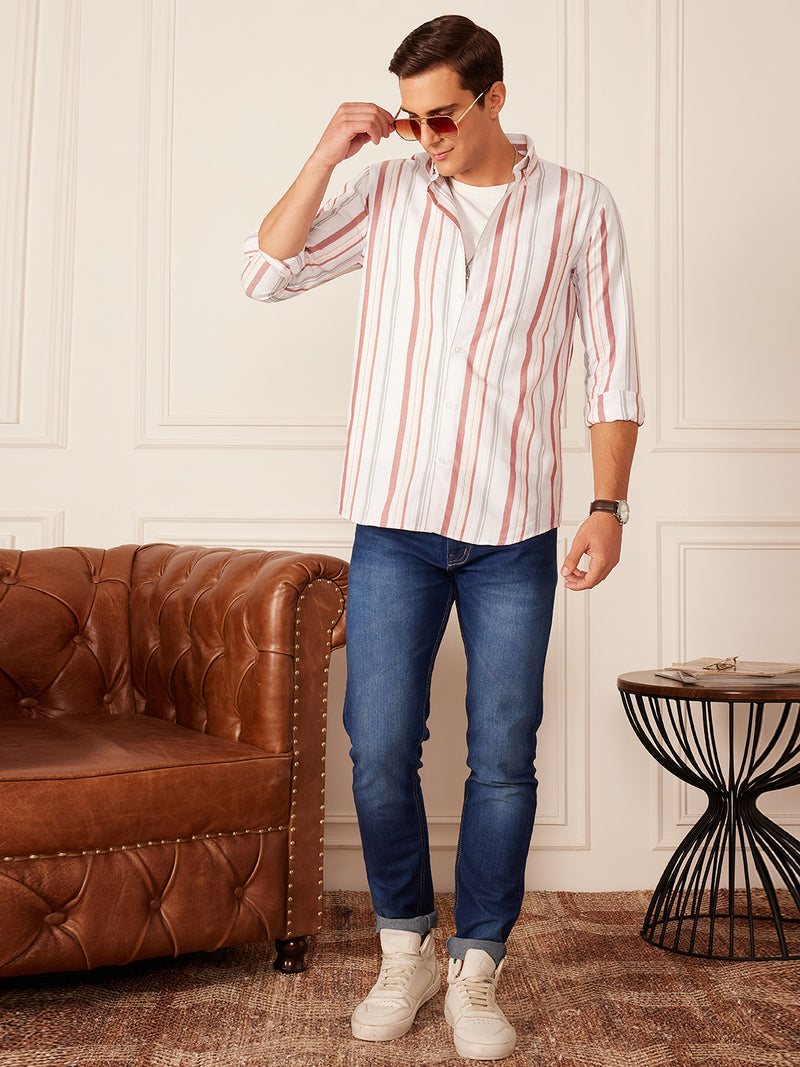 White: Full Sleeve Button-Down Collar Striped Shirt