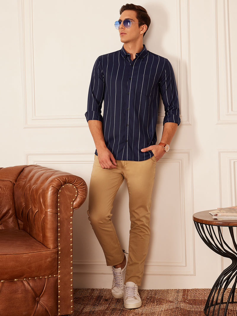 Navy Blue & White: Full Sleeve Button-Down Collar Striped Shirt