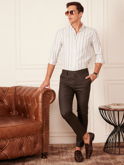 White & Grey: Full Sleeve Button-Down Collar Striped Shirt