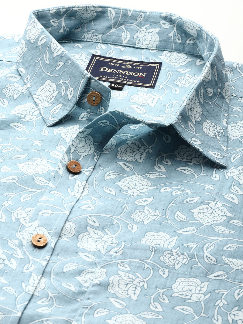 Turquoise Blue: Half Sleeves Block Printed Shirt