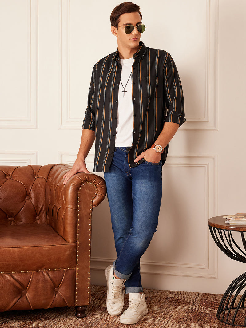 Black: Full Sleeve Button-Down Collar Striped Shirt