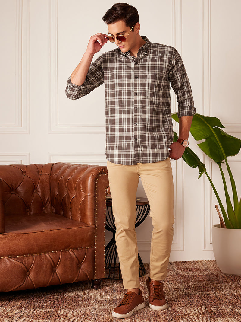 DENNISON Smart Tartan Checked Button-Down Collar Cotton Casual Shirt
