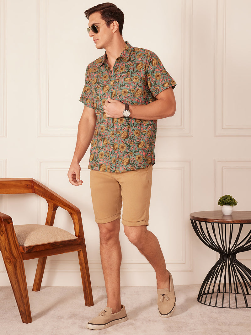 Steel Blue: Half SleevesBlock Printed Shirt