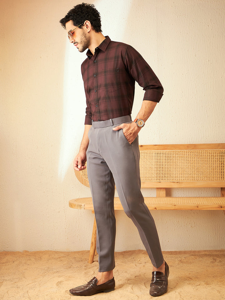 DENNISON Maroon Smart Checked Casual Shirt