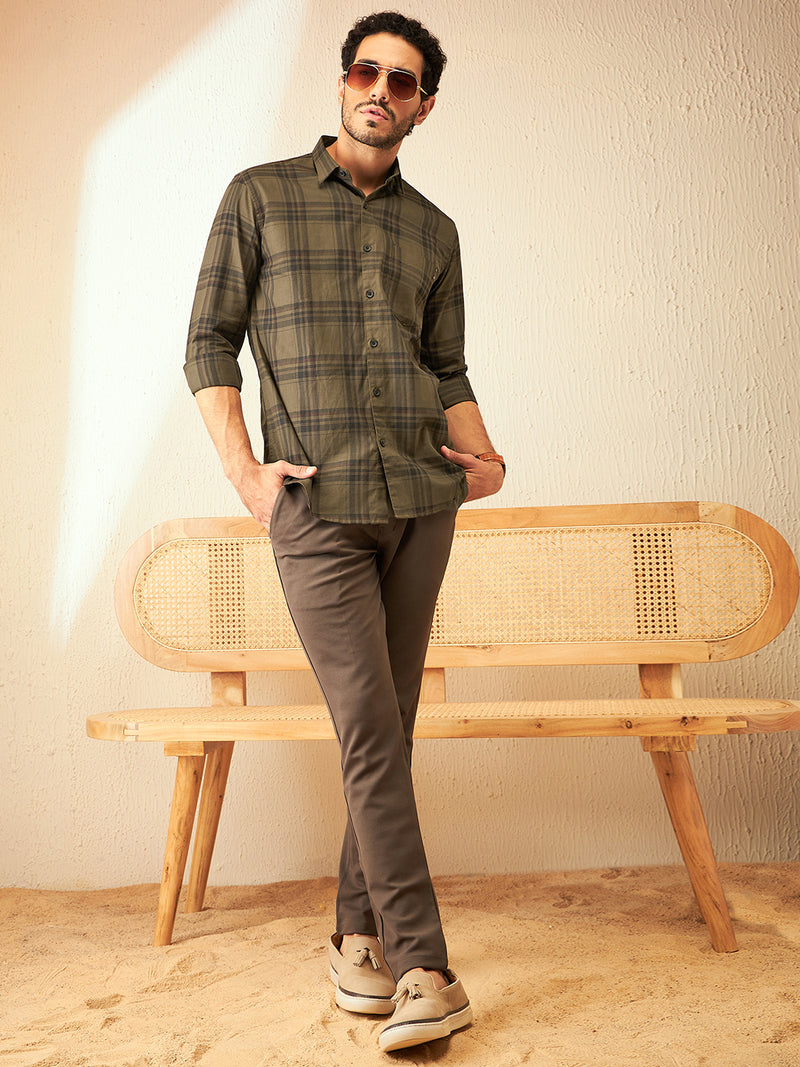DENNISON Olive Smart Tartan Checks Checked Casual Shirt