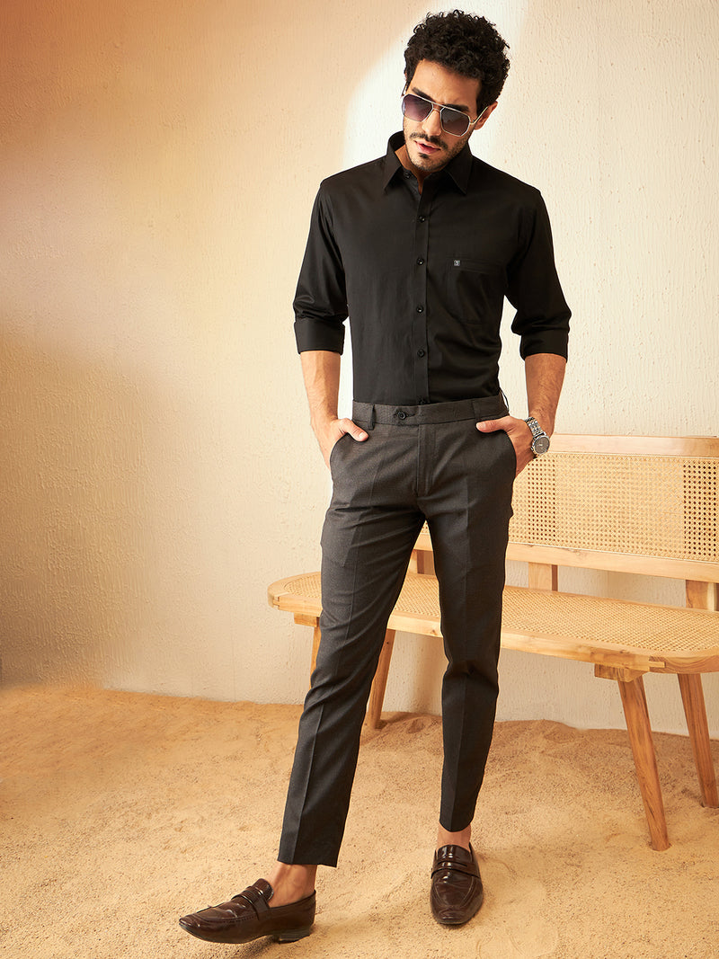 DENNISON Men Charcoal Textured Smart Tapered Fit Easy Wash Trousers
