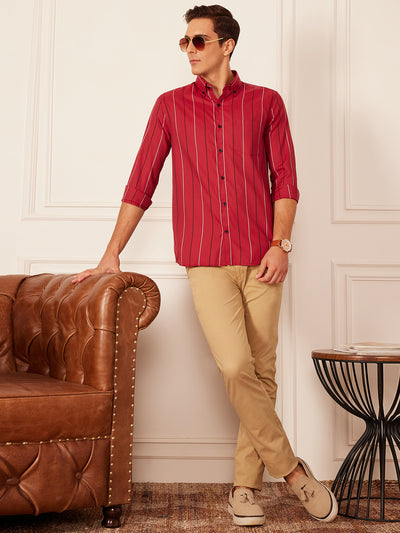 Red: Full Sleeve Button-Down Collar Striped Shirt