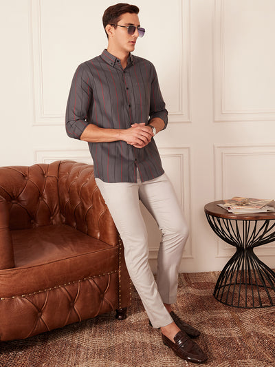 Grey: Full Sleeve Button-Down Collar Striped Shirt