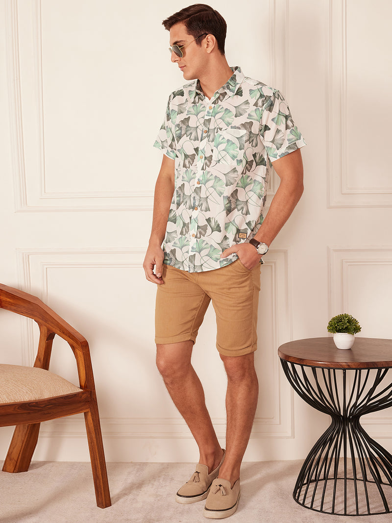 White & Green: Half Sleeves Block Printed Shirt