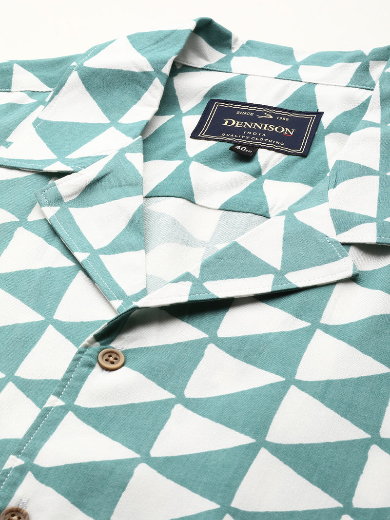 White & Green: Half Sleevew Block Printed Shirt