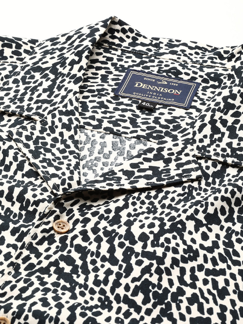 Cream & Black: Half Sleeves Cuban Collar Abstract Printed Shirt